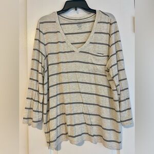 Market & Spruce Gray and Black Striped Long Sleeve Vneck Tee